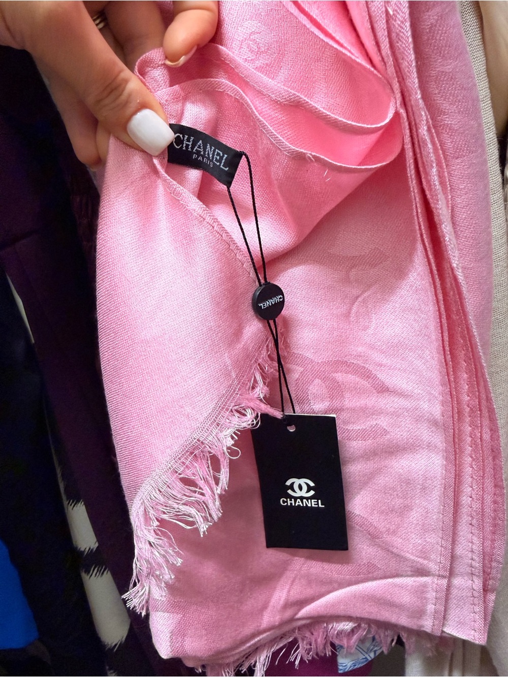 CHANEL Pink Logo Fringe Scarf
